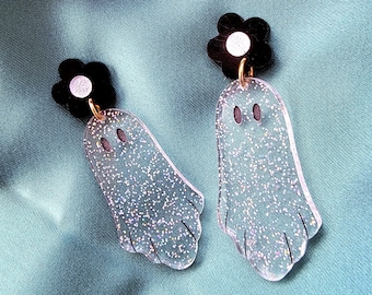 Glitter Ghost Earrings, Ghost Earrings, Halloween Earrings, Acrylic Ghost Earrings, Cute Ghost Earrings, Flower Ghost Earrings,