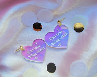 You Love Being Loved Acrylic Earrings, Earrings, Iridescent Heart Earrings,  Iridescent Earrings,  Statement Earrings, Euphoria Inspired