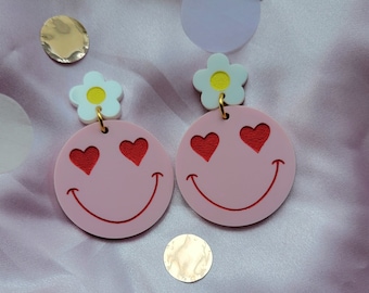 Acrylic Smiley Face Earrings, Heart Eyes Earrings, Retro Earrings, Acrylic Earrings, Valentines Day Earrings,