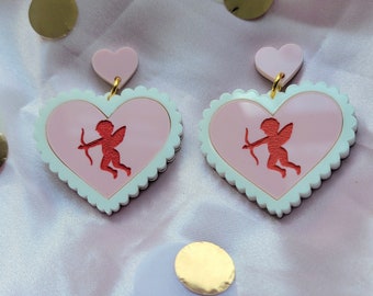 Cupid Heart Earrings, Acrylic Earrings, Acrylic Heart Earrings, Cupid Earrings, Valentines Day Earrings, Pastel Heart Earrings