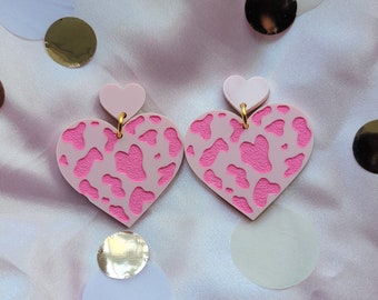 Cow Print Heart Earrings, Acrylic Earrings, Cow Print Earrings, Pink Cow Print, Valentines Day Earrings, Pastel Cow Print