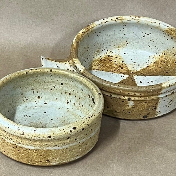 2 hand thrown pottery bowls with handle/hand made soup bowls/trinket bowls/catch all/natural decor/mid century/stone ware/potters wheel