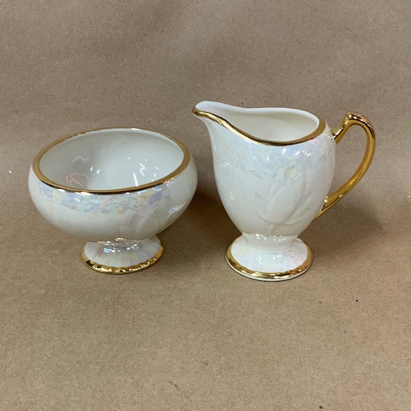 Vintage Creamer and sugar bowl off white luster ware with gold metallic trim/pearly ceramic mid century serving pieces/tea time/Easter table