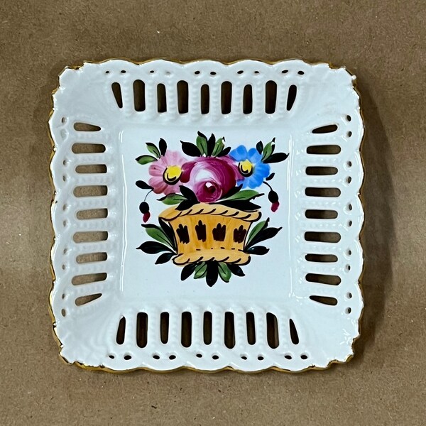 Small square floral dish made in Germany/reticulated edges/gold trim/vintage porcelain/catch all/candy dish/jewelry dish/German porcelain