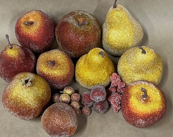 beaded fruit/sugared fruit/floral supplies/bowl filler/Christmas fruit/faux fruit/kitchen centerpiece/red and gold