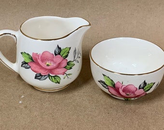 mini Vintage Staffordshire Old Foley James Kent Sugar bowl and Creamer with gold trim/rose pattern/doll dishes/tea party dishes/miniature