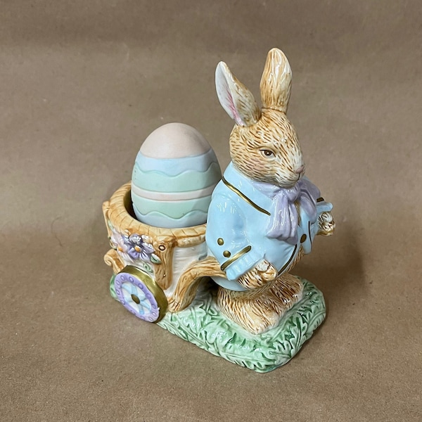 Vintage Avon Rabbit figure pulling cart with Easter egg/Avon Springtime collection/Easter rabbit/Easter bunny figurine/Spring decor