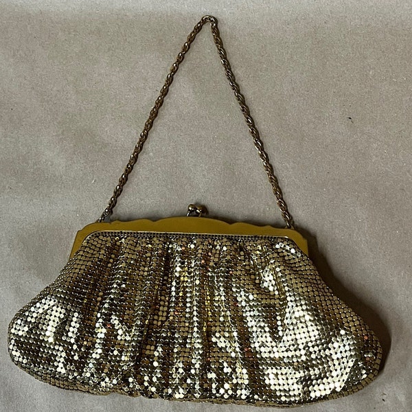 Antique  Whiting Davis gold mesh bag/vintage clutch purse/evening bag/metallic/mid century/made in USA/