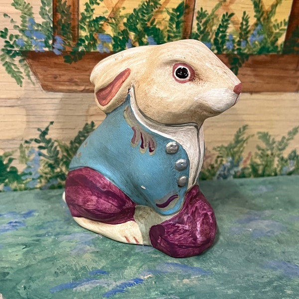 primitive rabbit figure hand painted/chalkware-candy mold style Rabbit figurine/Easter decor/spring garden decor/rabbit wjacket/folk art