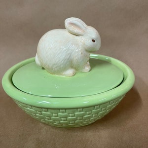 Hallmark covered green dish with rabbit/basket weave candy dish/trinket dish/Easter decor/serving piece/Spring decor/vintage Hallmark