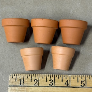 May include: Five small terracotta flower pots arranged in two rows above a wooden ruler. The top row contains three pots, and the bottom row contains two smaller pots. The ruler shows measurements in inches, indicating the pots are approximately 1 to 1.5 inches wide.