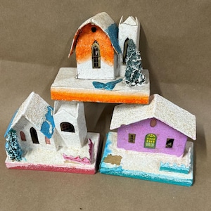 Lot of 3 Putz Christmas houses/Japanese vintage paper houses/vintage Christmas decor/mid-century/Mica cardboard houses/