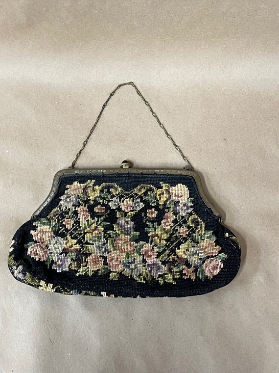 Vintage wool needlepoint clutch purse/floral needl