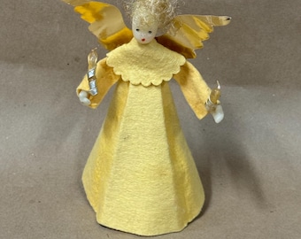 vintage Christmas angel tree topper/felt angel with candles/small Christmas tree topper/mid century angel ornament/plastic face/