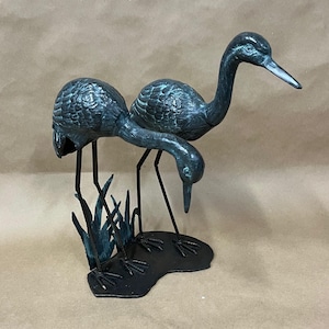 solid Bronze sculpture with 2 cranes/vintage bird sculpture/Heron sculpture/large crane figures/13&quot; tall/single piece with 2 cranes