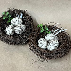 Set of 2 decorative bird nest with 3 eggs/nature lover decor/bird nest with green twig/floral supplies/Spring centerpiece/summer decor