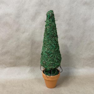 May include: A conical topiary sculpture covered in textured green moss, supported by a thin central stem and dark wire accents at the base, all contained within a small, plain terracotta-colored clay pot with a smooth, matte finish.