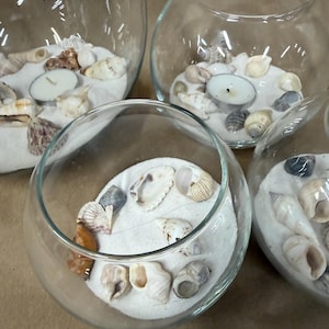 May include: A collection of clear glass globe bowls filled with white sand and assorted natural seashells. Some of the glass bowls contain a small white tea light candle nestled among the sand and shells, creating a decorative display.