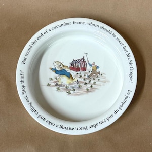 May include: White ceramic plate featuring a scene with a rabbit, a man, and a greenhouse. The plate has text around the rim that reads, "Stop thief! But round the end of a cucumber frame, whom should he meet but Mr. McGregor!"