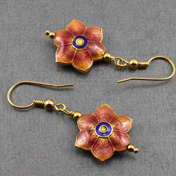 Cloisonne-Ohrringe mit Blüte in orange vergoldetes 925er Silber Geschenk Ohrringe Hängeohrringe Blüte Cloisonne Emaille Schmuck Geschenk