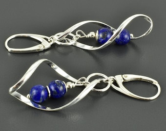 Ohrhänger 925er Silber mit Lapislazuli, Spiralohrringe mit Lapis Lazuli Perlen, große, lange, Ohrringe dunkelblaue Edelsteine, Geschenk