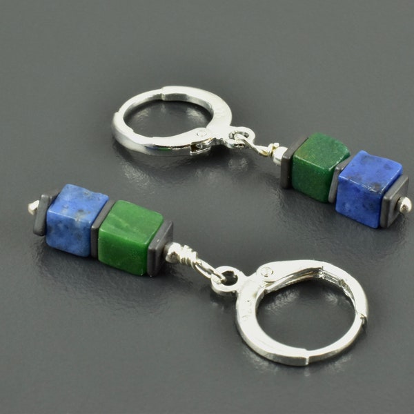 Earrings/hanging earrings in blue and green, 925 silver, cube earrings dumortierite prasem hematite square cube jewelry gemstone earrings