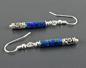 Orecchini con azzurrite malachite, orecchini d'argento, orecchini, argento sterling, blu scuro, orecchini verdi, orecchini in pietra preziosa, argento, regalo