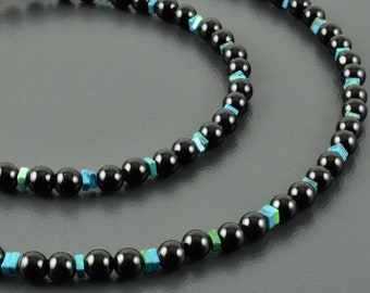 Onyx-Kette mit Chrysokoll Onyxperlenkette schwarze Edelsteine  türkis rund und eckig zarte Halskette mit Perlen Geschenk Freundin