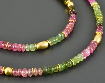 Tourmaline necklace in pink / green, gold-plated 925 silver - delicate bridal jewelry gemstone necklace multi colorful elegant watermelon tourmaline necklace