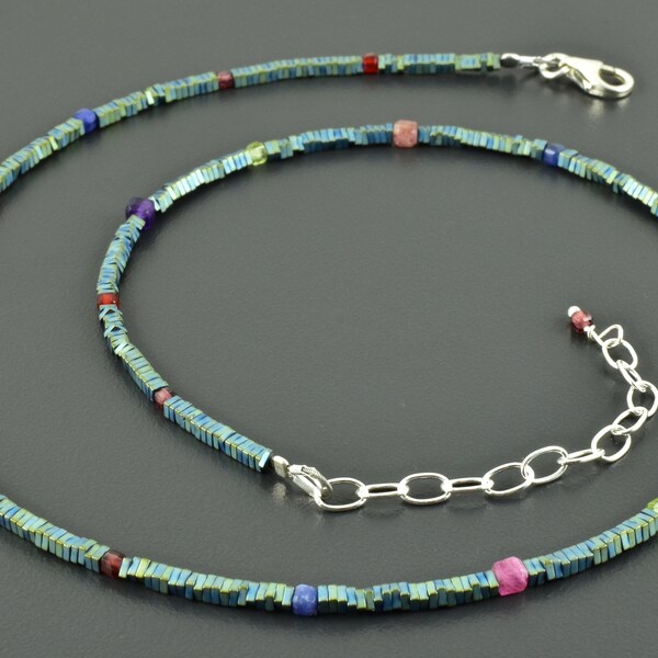 Delicate necklace with hematite and small cubes of colorful gemstones - colorful turquoise blue garnet carnelian, amethyst tourmaline sodalite peridot