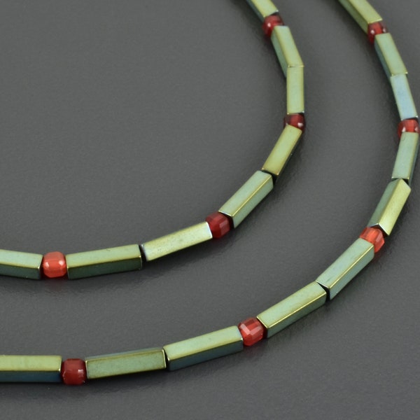 Hematite necklace minimalist with carnelian and 925 silver rectangles and cubes green red delicate gemstone necklace gift girlfriend short necklace