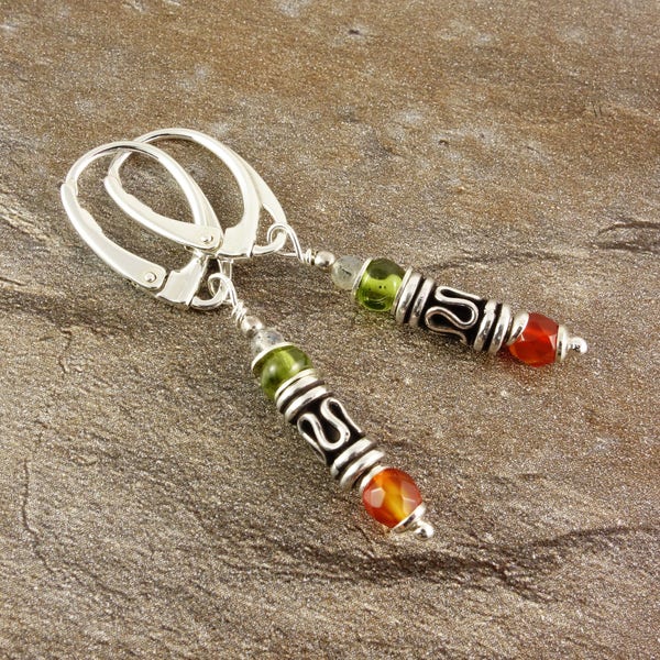 Earrings sterling silver with peridot carnelian labradorite earrings silver gemstone earrings earrings green orange hanging earrings gift