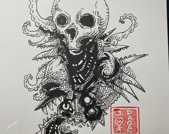 Skull Boï and Tentacles Pen and Ink Drawing