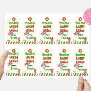 Etiquetas de regalo imprimibles de Texas Etiquetas de regalo navideñas, 2" x 3.8" Descargue etiquetas de regalo navideñas para enviar cálidos deseos desde Texas