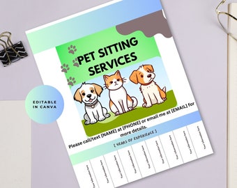 Pet Sitting Flyer Digital, Editable Flyer Canva Template, Pet Flyer, Printable Pet Sitting Tear-Off Flyer, Custom DIY Template