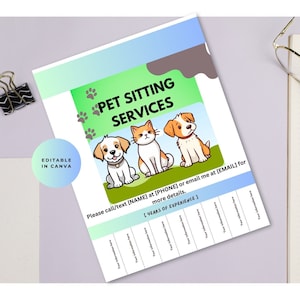 May include: A green, blue, and gray printable flyer with cartoon dogs and a cat. The flyer advertises pet sitting services. The text reads "Pet Sitting Services" and "Please call/text [NAME] at [PHONE] or email me at [EMAIL] for more details. [YEARS OF EXPERIENCE]"