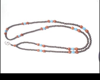 Beaded Teacher Lanyard with Turquoise Beads, Red Marbles and Hematite Beads For Teacher Gift