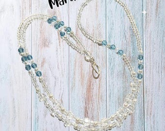 Aquamarine Beaded Lanyard – ID Badge Holder Necklace, Pearl Teacher Lanyard, March Birthstone Gift, PTA Teacher Appreciation, Staff Gift