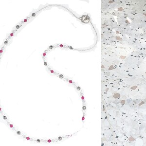 Ruby Birthstone Pearl Necklace makes a perfect handmade gift for women! This beaded birthstone necklace is designed with 6mm gemstone Swarovski crystals, 6-8mm silver beads, 5mm white pearls, 6mm flat round clear beads, and small clear seed beads