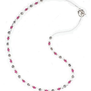 Ruby Birthstone Pearl Necklace makes a perfect handmade gift for women! This beaded birthstone necklace is designed with 6mm gemstone Swarovski crystals, 6-8mm silver beads, 5mm white pearls, 6mm flat round clear beads, and small clear seed beads