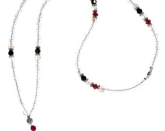 Teacher Lanyard Beaded with Black & Ruby Crystals For Teacher Appreciation Gift, Crystal Lanyard