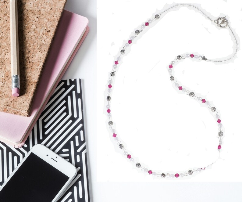 Ruby Birthstone Pearl Necklace makes a perfect handmade gift for women! This beaded birthstone necklace is designed with 6mm gemstone Swarovski crystals, 6-8mm silver beads, 5mm white pearls, 6mm flat round clear beads, and small clear seed beads