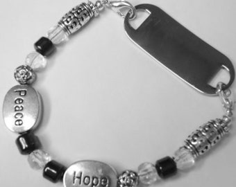 ID Medical Alert Peace and Hope Bracelet,medical alert bracelet,medical ID bracelet,medical alert jewelry,medical bracelet,ID bracelet women