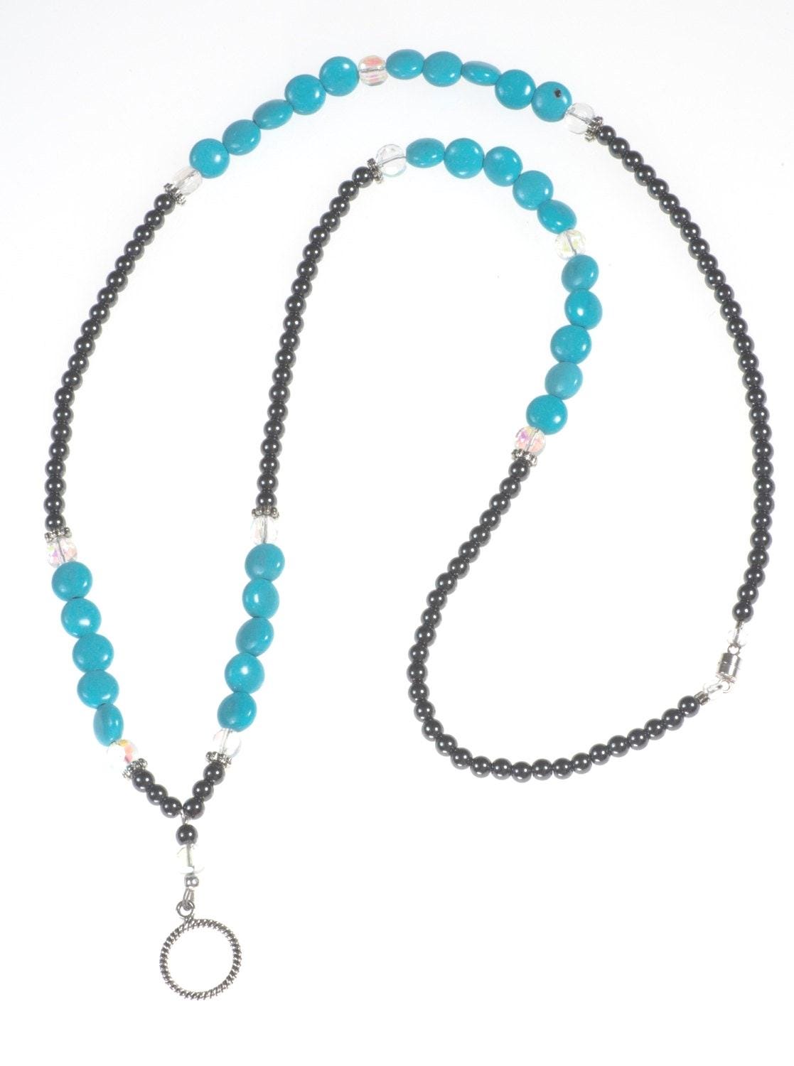 Turquoise Stone Beaded Lanyard, Hematite ID Badge Holder, Staff Gift