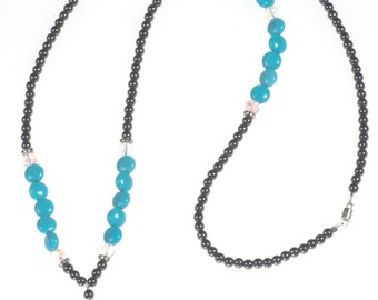Schlüsselband Lehrer, Türkis Stein Perlen Lanyard, Hämatit Edelstein ID Ausweishalter