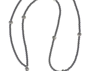 Hematite Beaded Lanyard, Silver Accents, Teacher ID Badge Holder