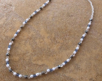 Beaded Sapphire Birthstone Necklace with White Pearls for Woman September Birthday Gift