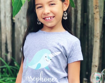 Personalized Narwhal Glitter Girl's Shirt, Narwhal Birthday Girl's T-Shirt, Narwhal Theme Party T-Shirt, Customized Narwhal Tee