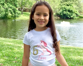 Personalized UNICORN Birthday Girl Gold Glitter T-Shirt