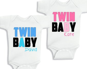 Twin Baby A boy and Twin Baby B Girl Set of 2 kids Shirt or Baby Bodysuit